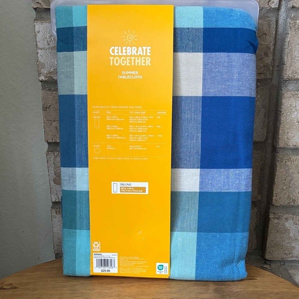 Celebrate Together Blue Gingham Plaid Picnic Table Cloth Fabric 60" by 84" NEW - Picture 8 of 11